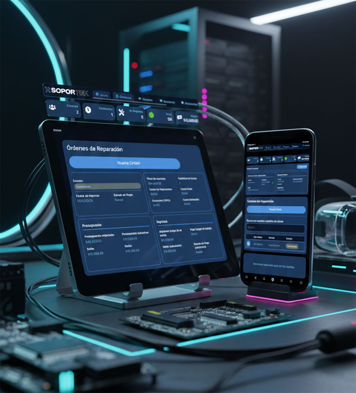 SoporTek en tablet y smartphone mostrando órdenes de reparación y estado